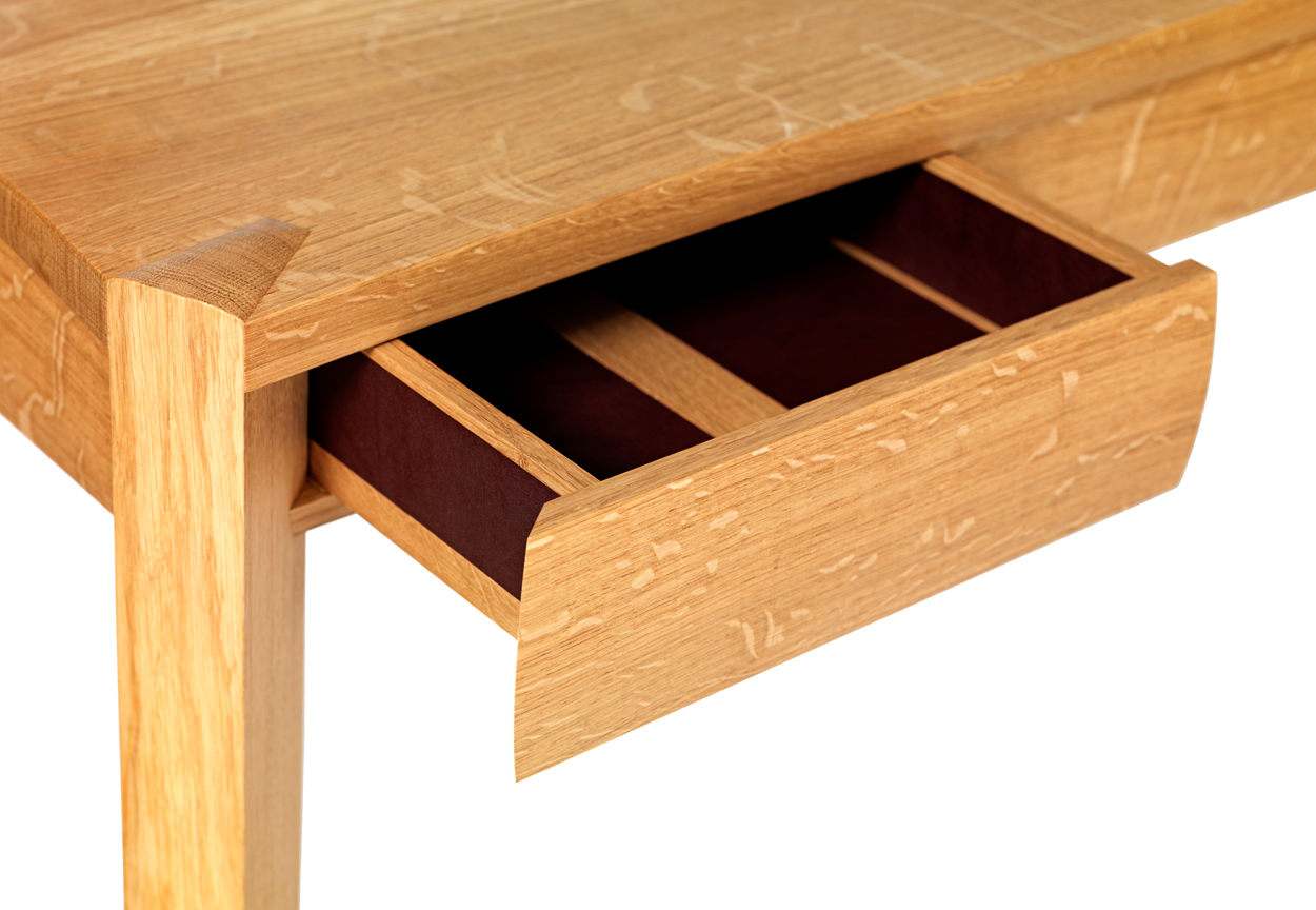 Drawer detail of 'Redgr' (the red grouse) console table - oak and leather