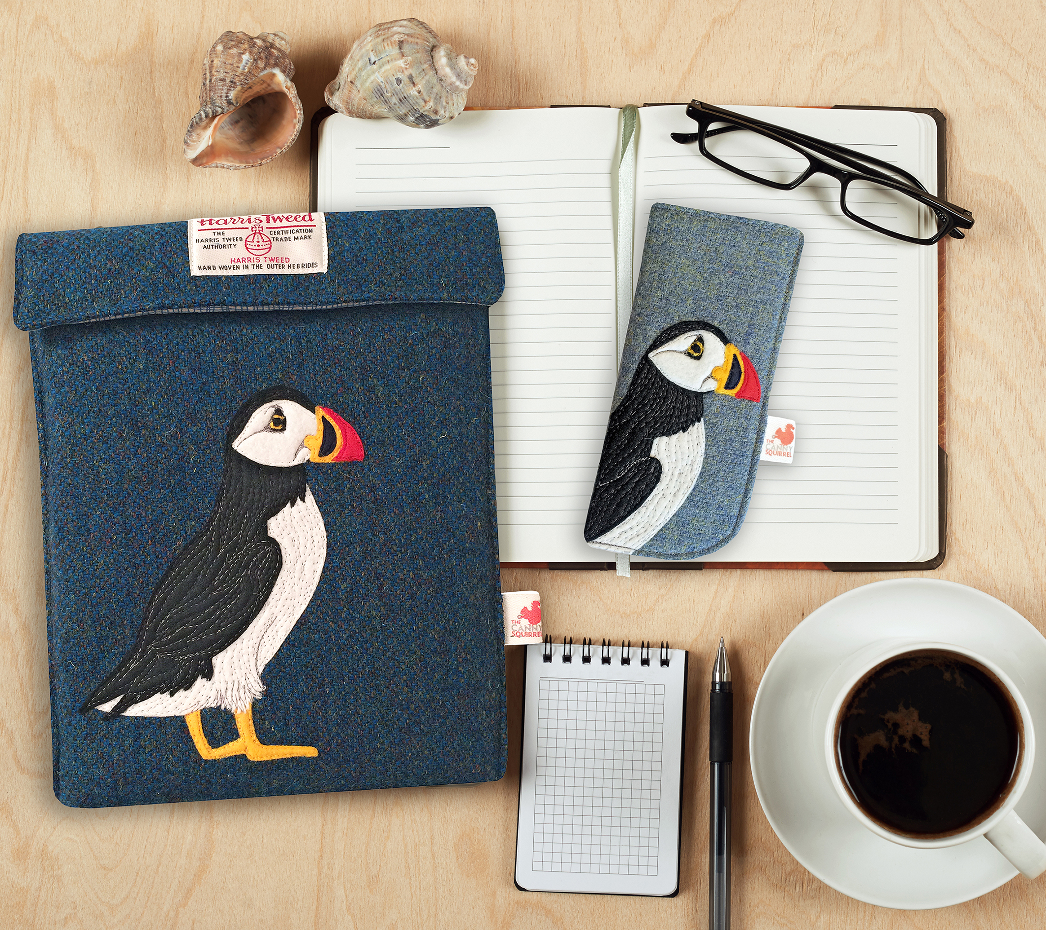 Harris Tweed iPad and glasses case featuring an embroidered puffin