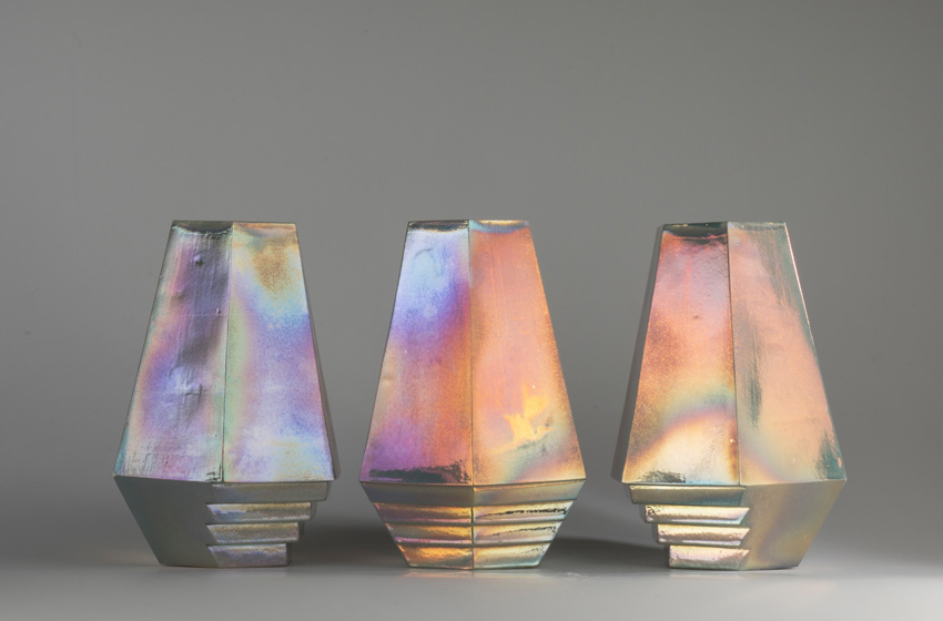 a photograph of three assorted glazed ceramics by Alison Thyra Grubb
