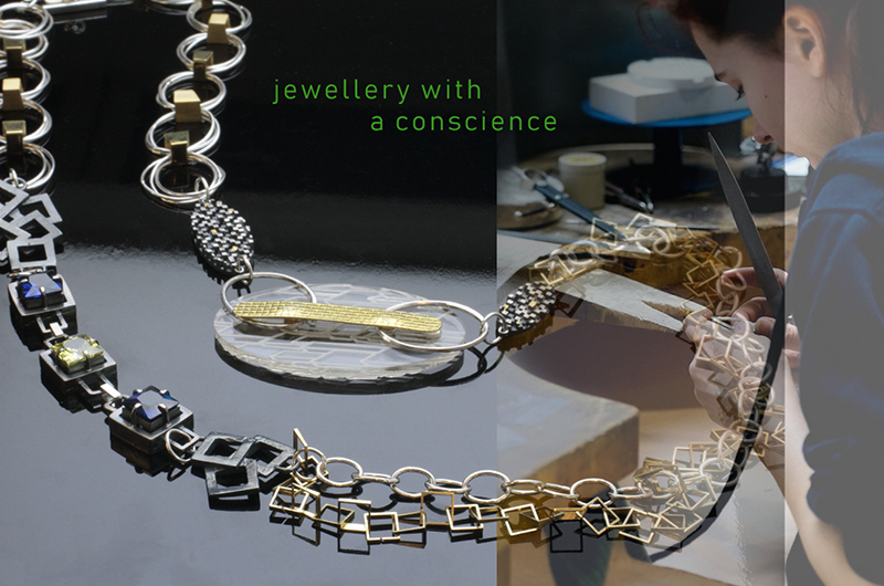 A photo-montage of silver jewellery and a person working on the right, with text in green reading jewellery with a conscience