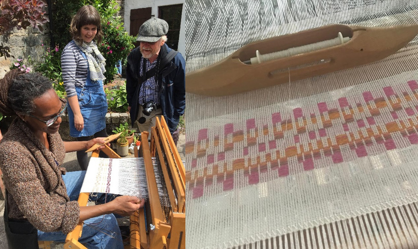 Members of the public try weaving