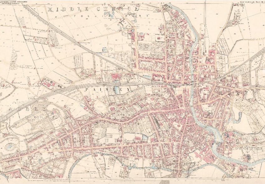 Image: annotated map of Paisley from 1857. So