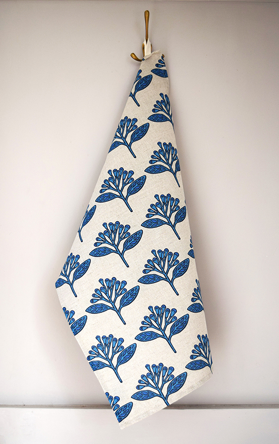 Handmade Tea towel in Blue Cloves Design