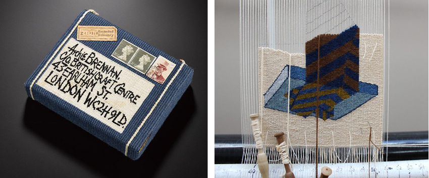 Archie Brennan, Tapestry Parcel, 1974 (left) and Ben Hymers, Detail from At a Window IV: Lace Curtain (1976) after Archie Brennan, 2019 (right)