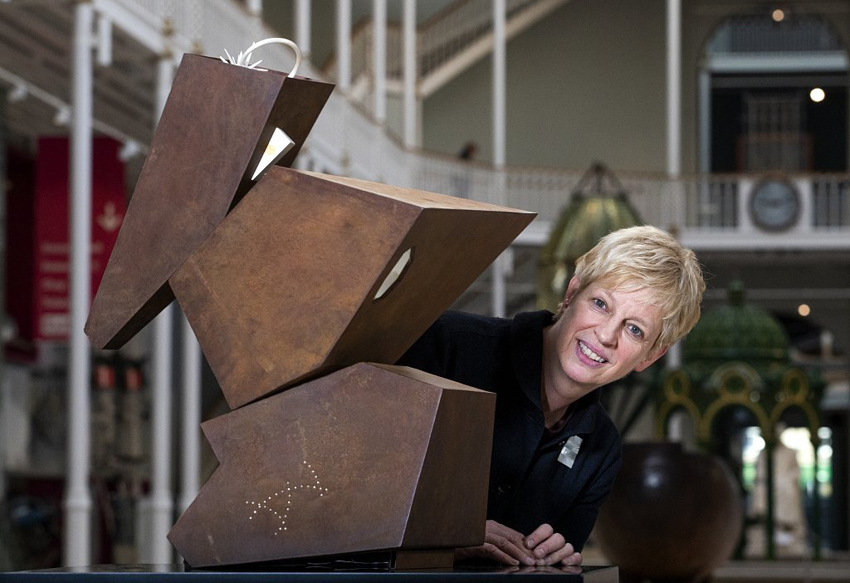 Simone ten Hompel (right) pauses with her sculpture Coordinate, 2019, The National Museum of Scotland