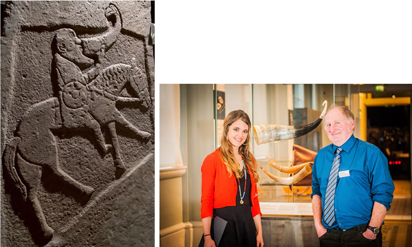 Pictish sculptured stone slab depicting a horseman with sword and shield drinking from an ox horn, from Bullion, Invergowrie, Angus, c. 900 – 950 (left) and  Jennifer Gray and Johnny Ross ith the completed horns in the Creative Spirit exhibition, The Nat