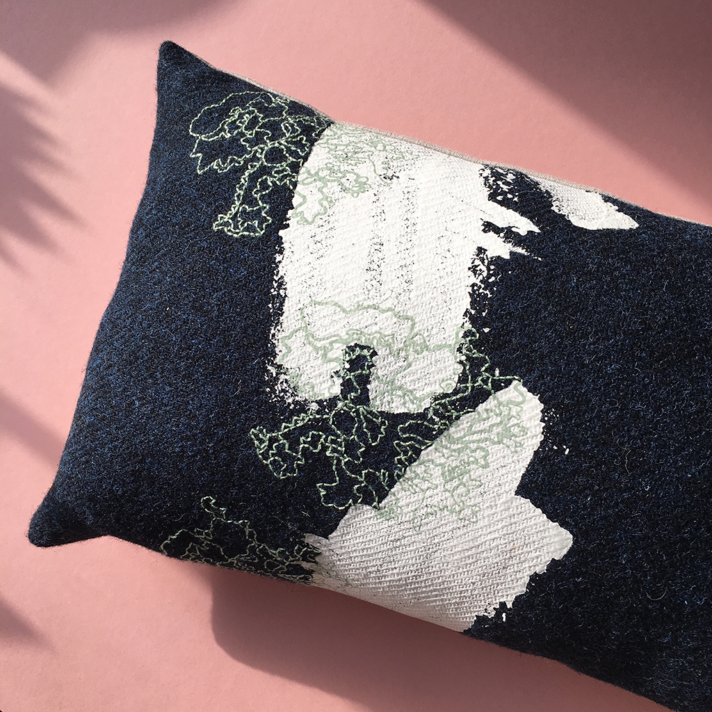 Abstract 'Lace Lichen' Tweed Cushion with Embroidery