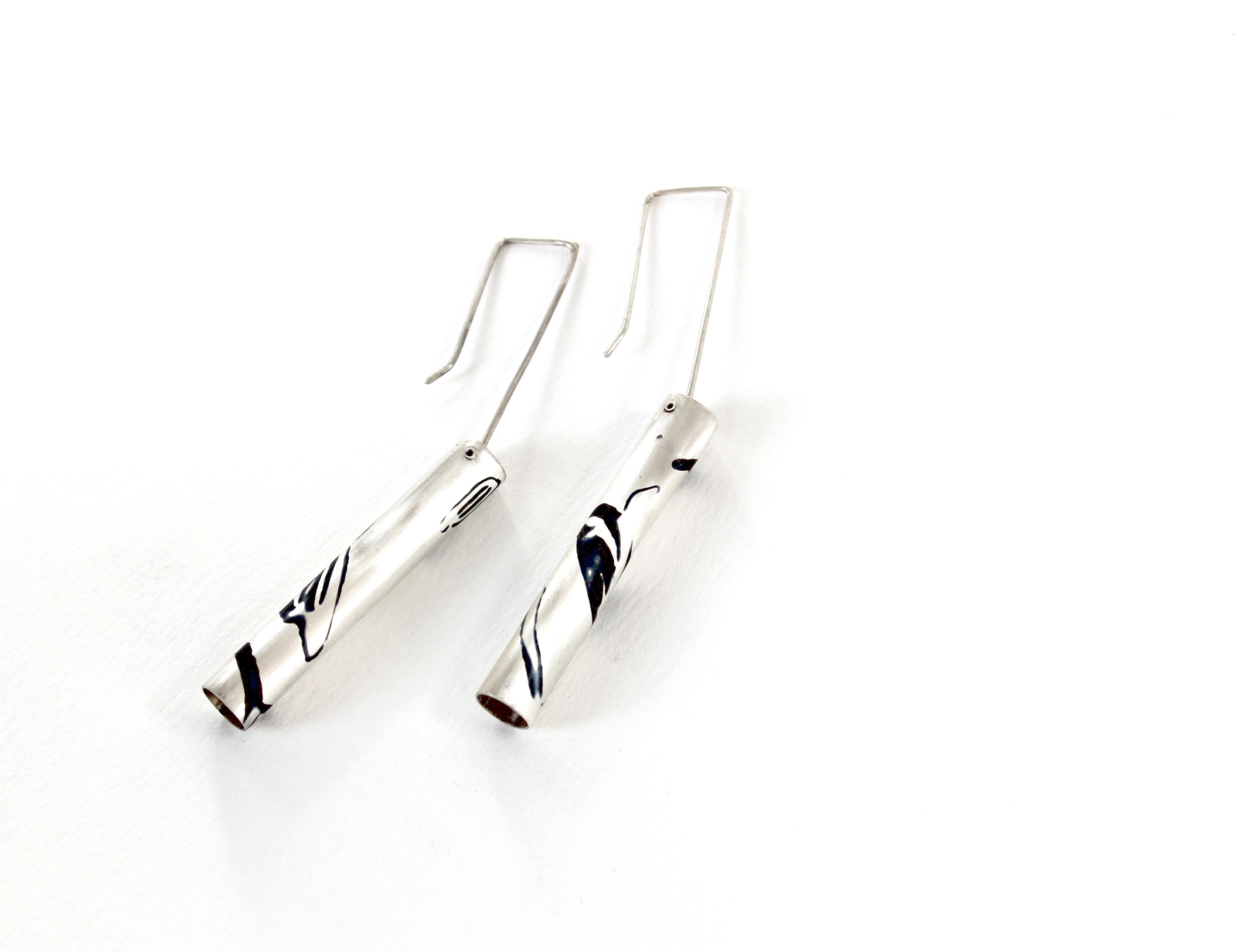 Silver and Black Abstract Enamel Drop Earrings