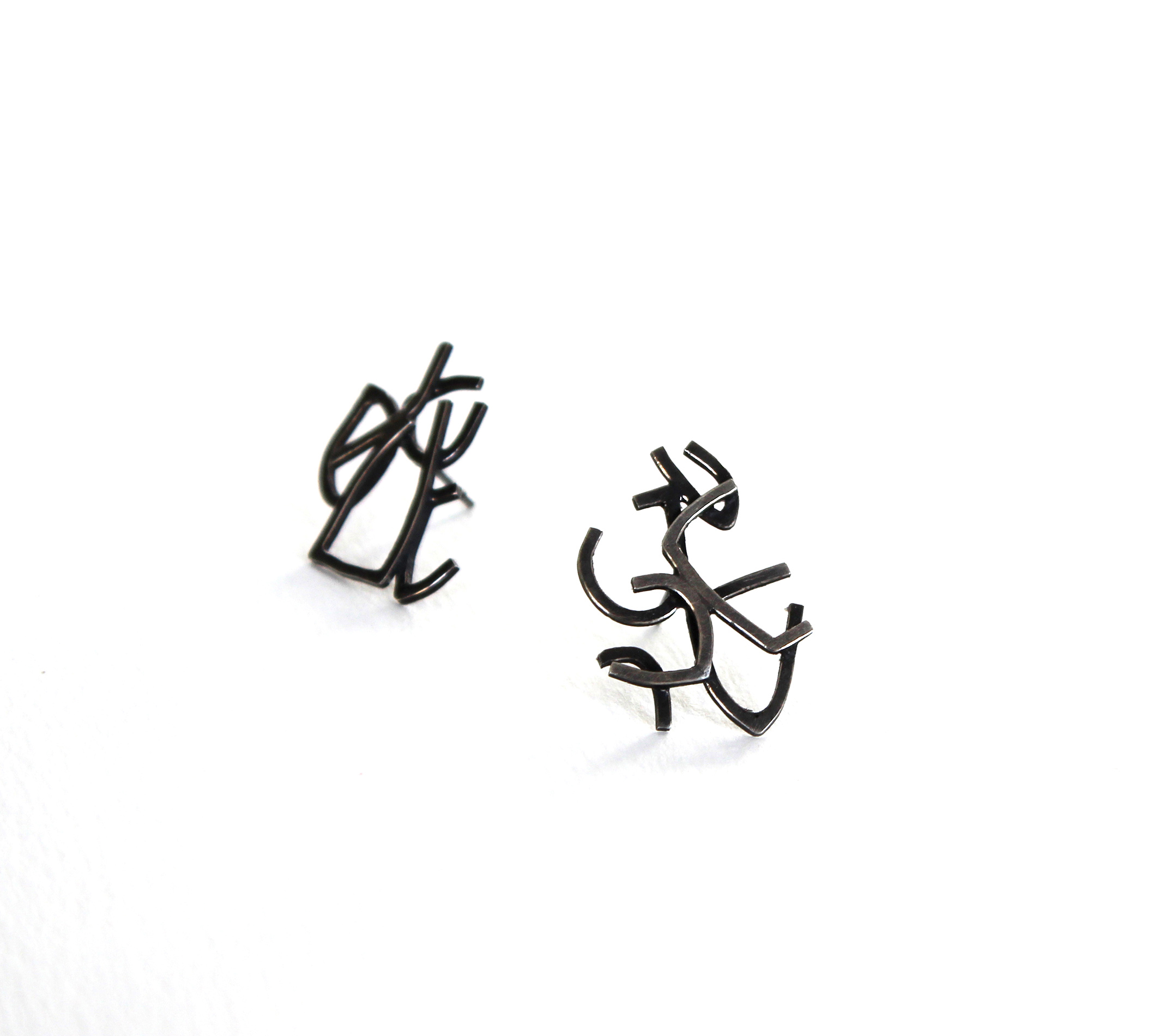 Non-identical Intricate Silver Sketch Studs with Black Patina