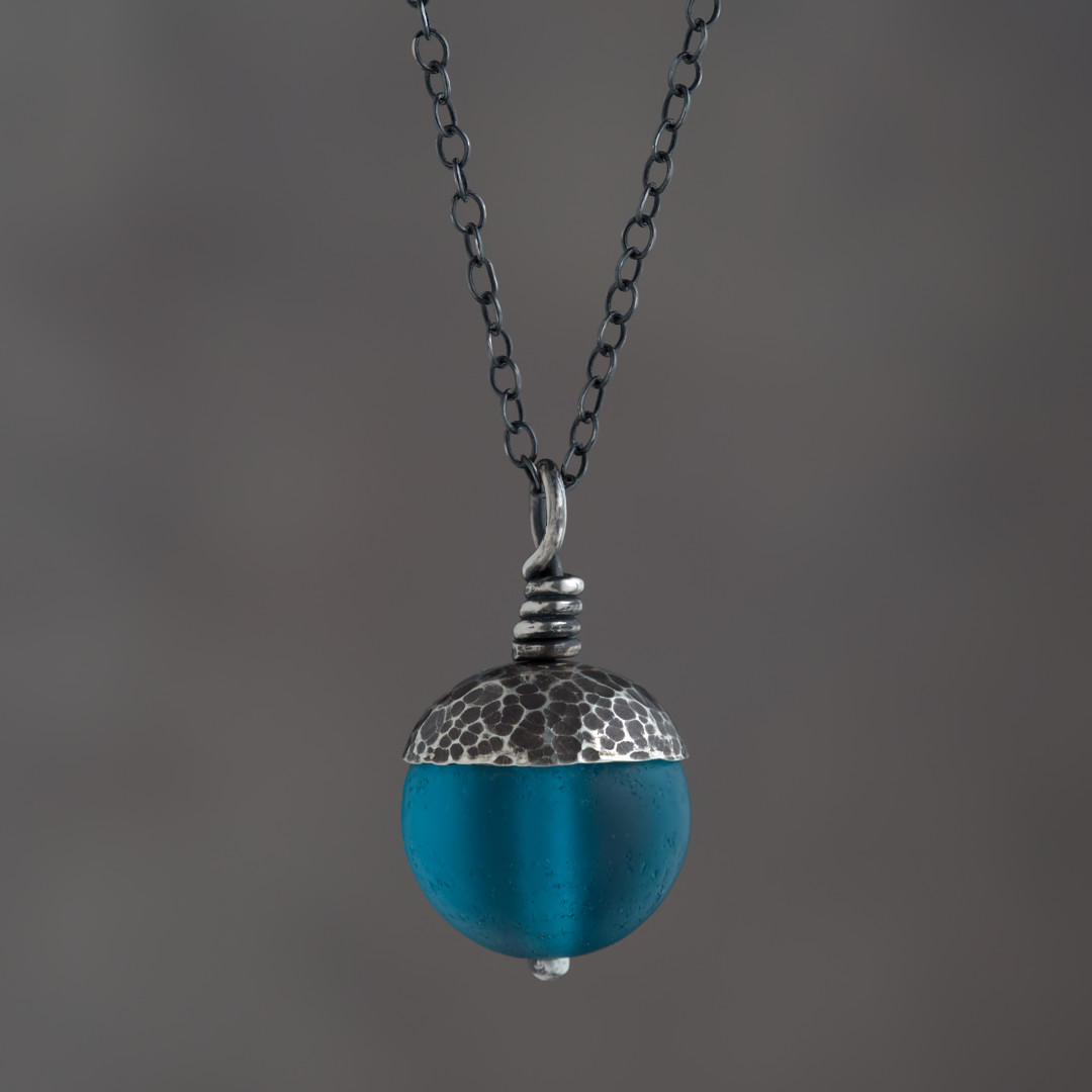 Teal Acorn Pendant in Silver