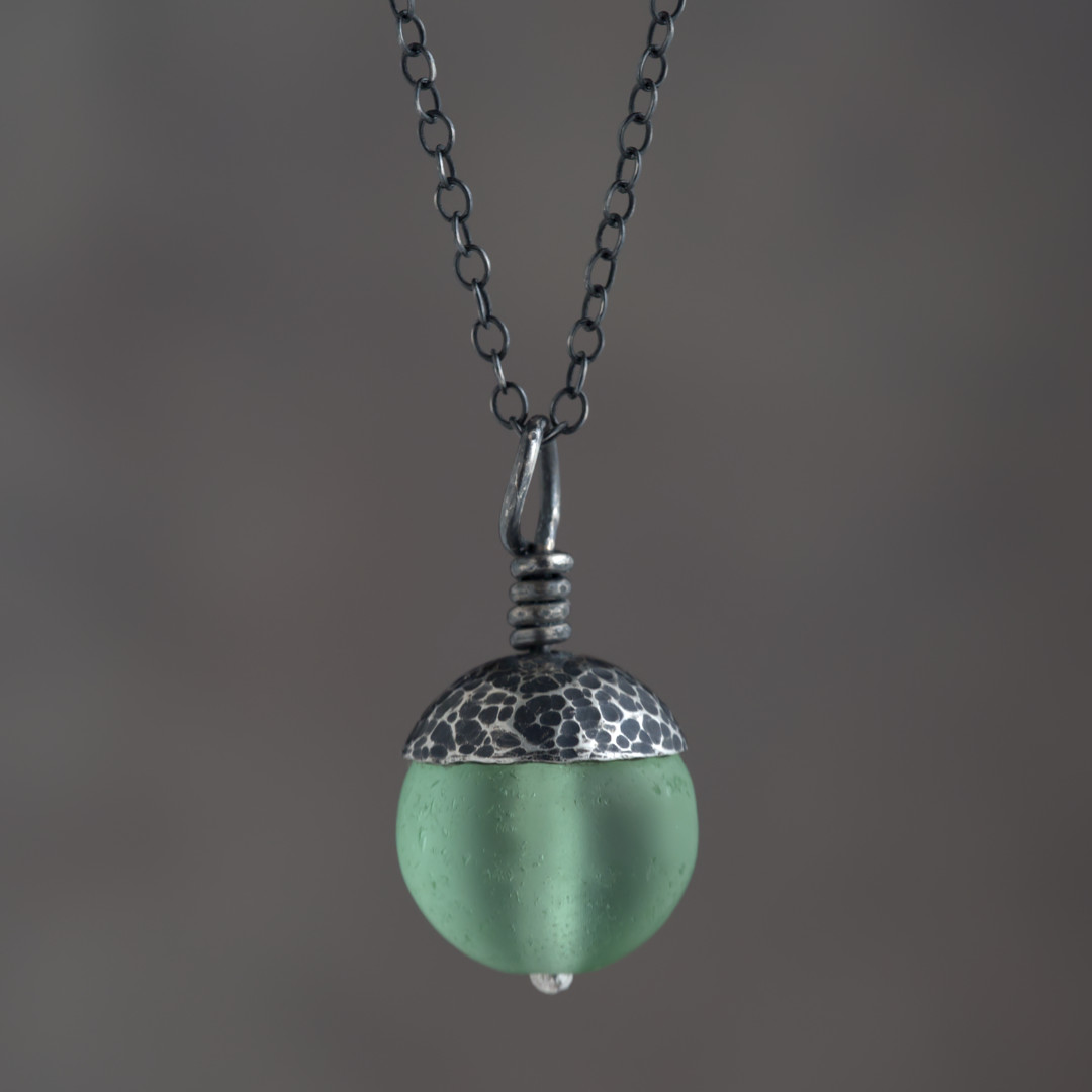 Green Acorn Pendant in Silver