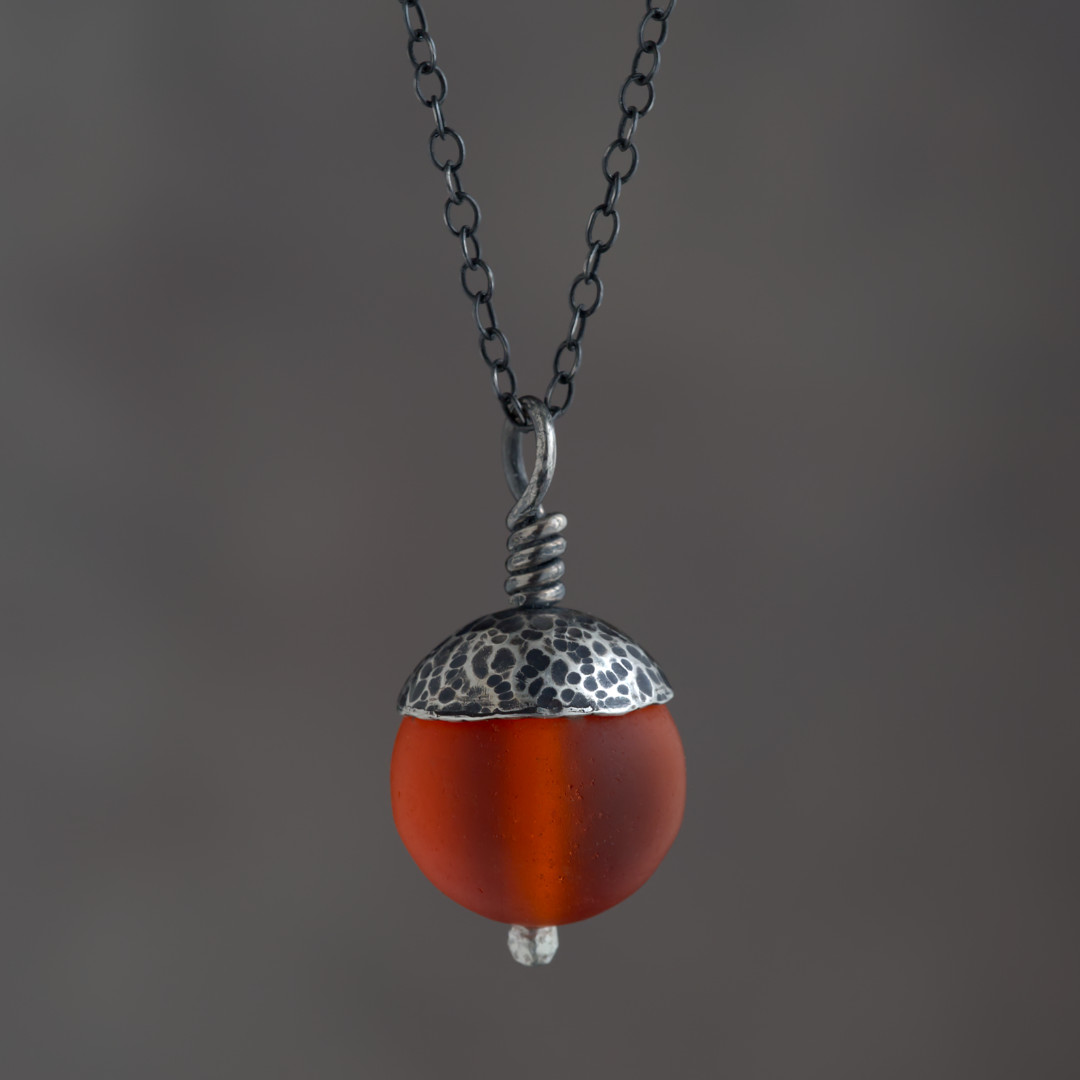 Orange Acorn Pendant in Silver