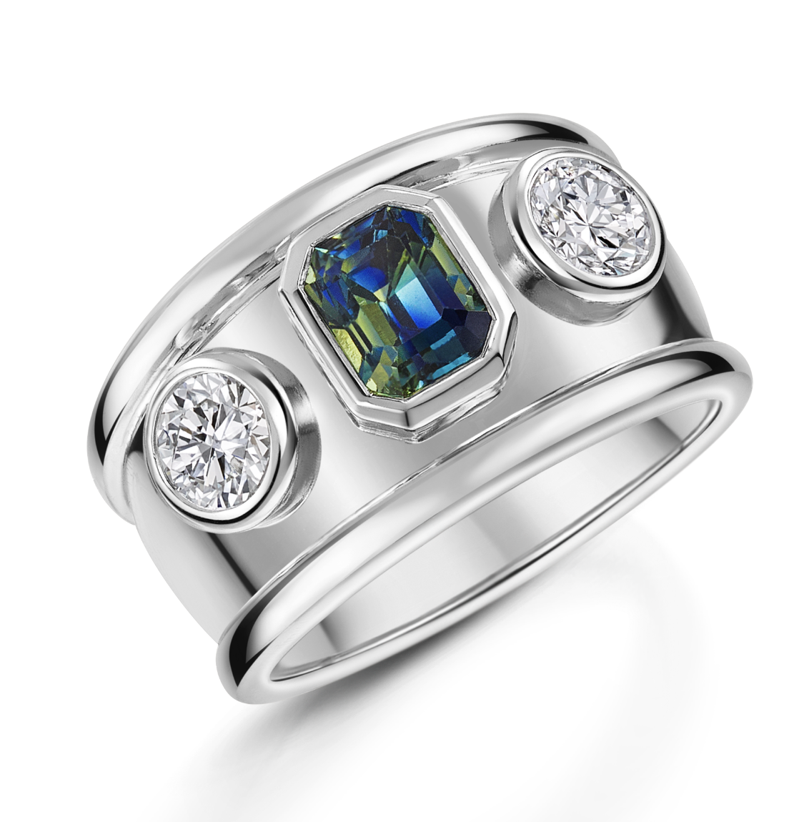 Parti sapphire and diamond set platinum ring