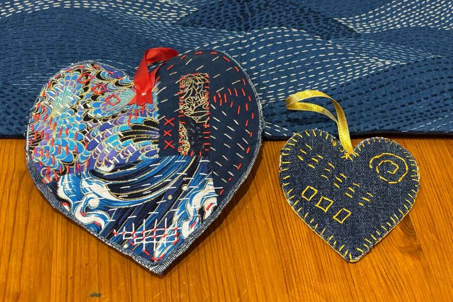 Sashiko and Boro Stitch Heart Hanging Decoration