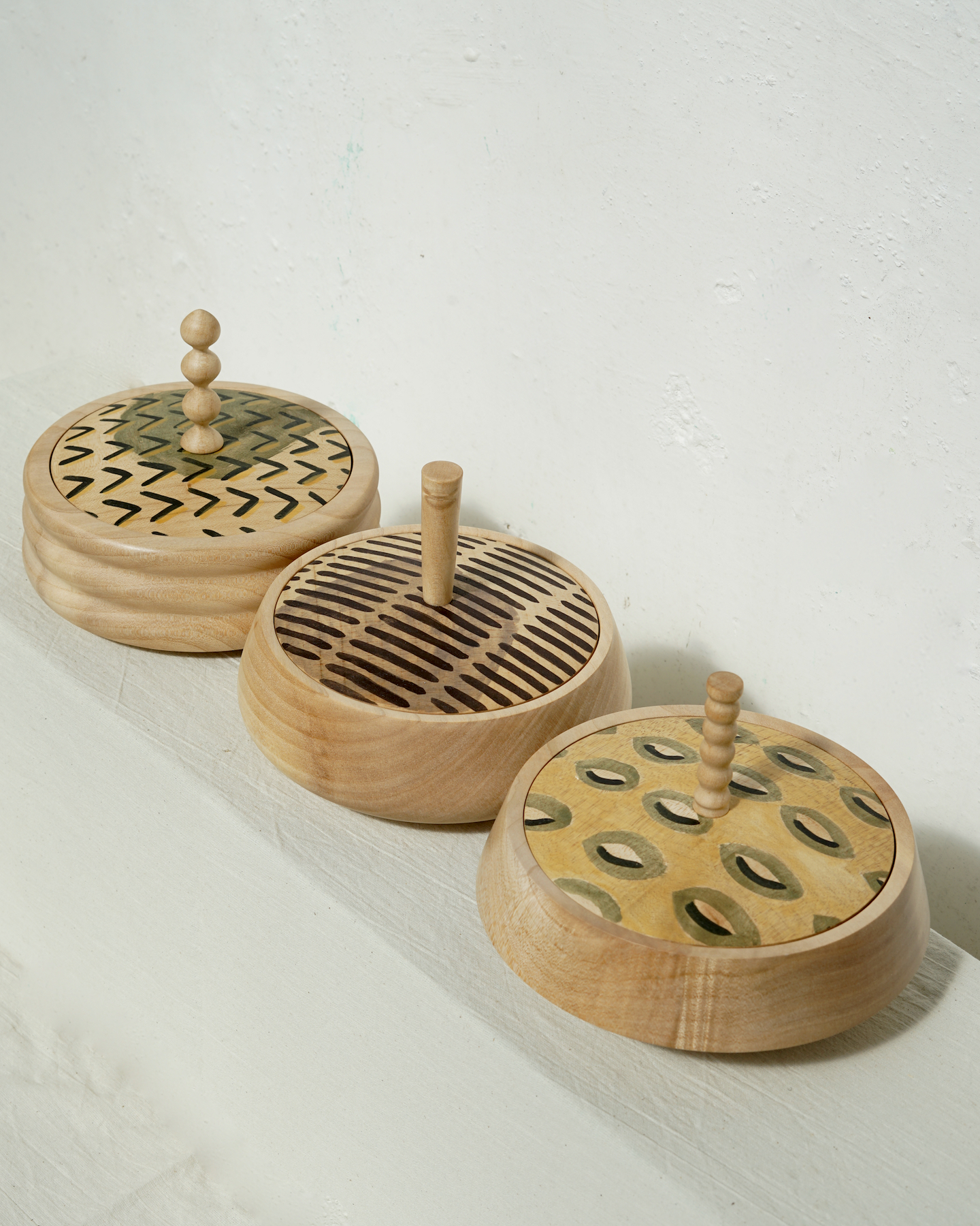 Sycamore pots with painted lids