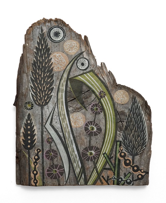 Angie Lewin, 'Clifftop Grasses', collage on driftwood, 2017 (low res)